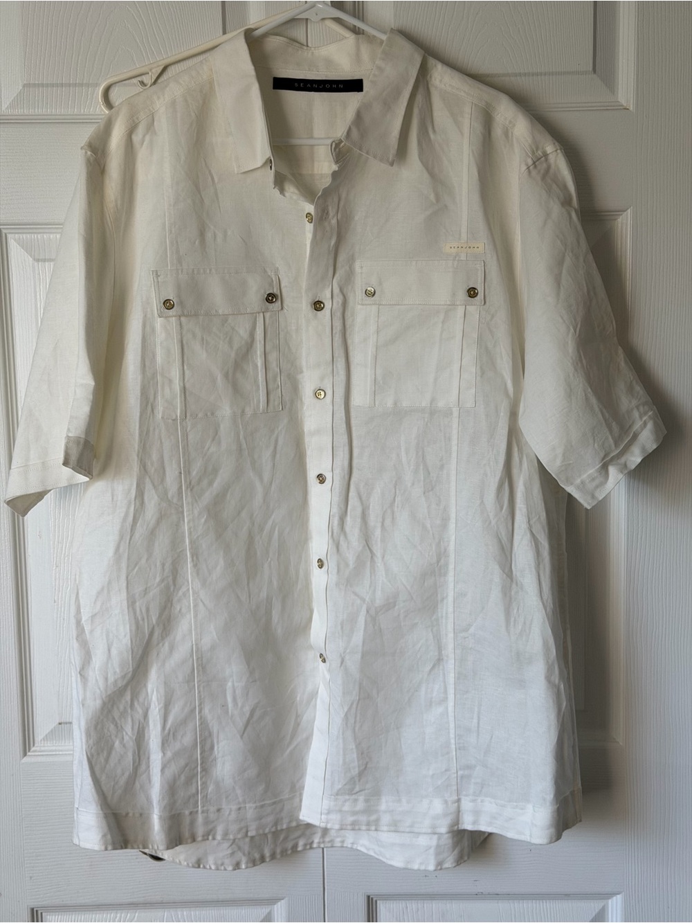 Sean Jean Cream Button-Front Short Sleeve Shirt